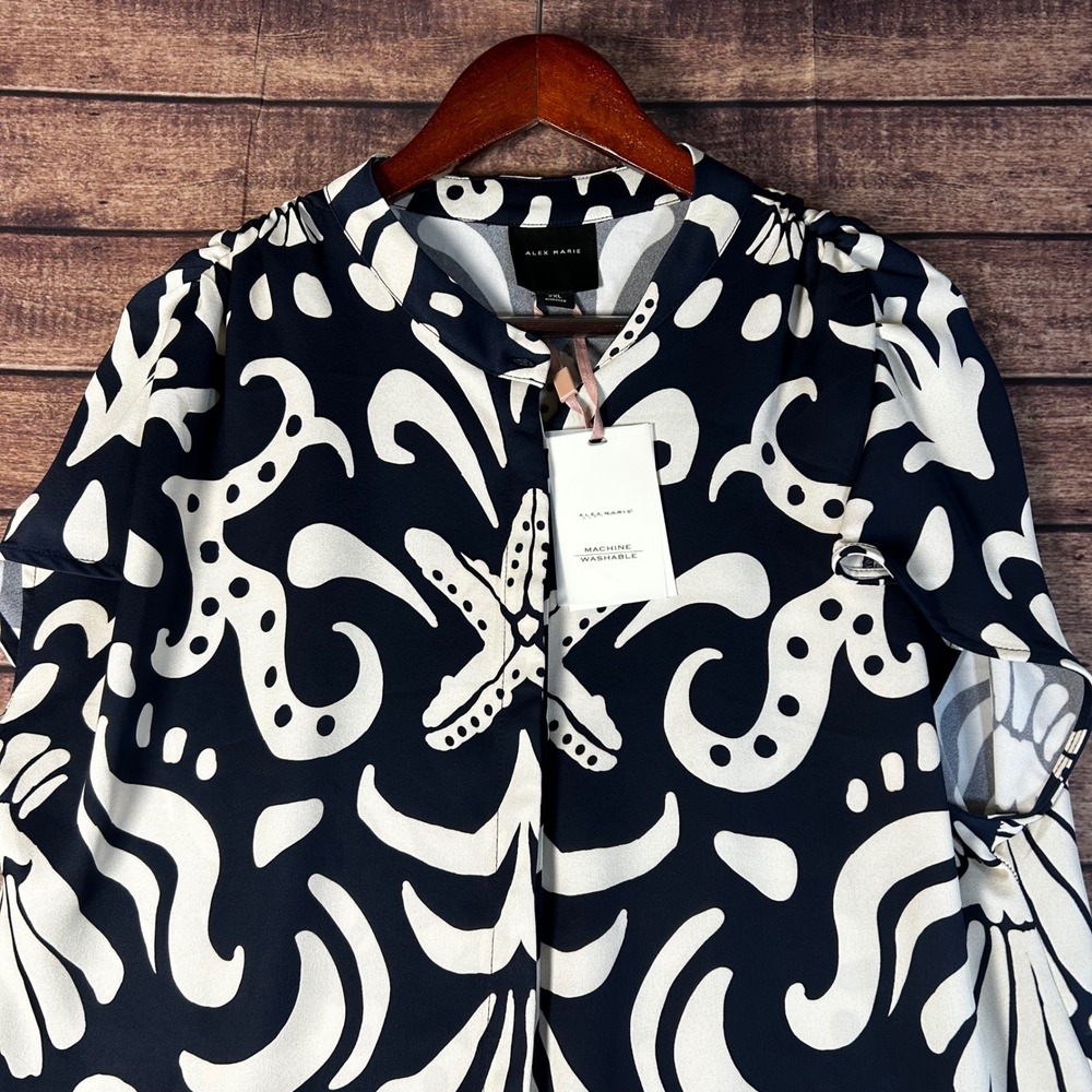 Alex Marie XXL Navy White Coastal Starfish Shell Pia Gathered Sleeve Blouse NWT